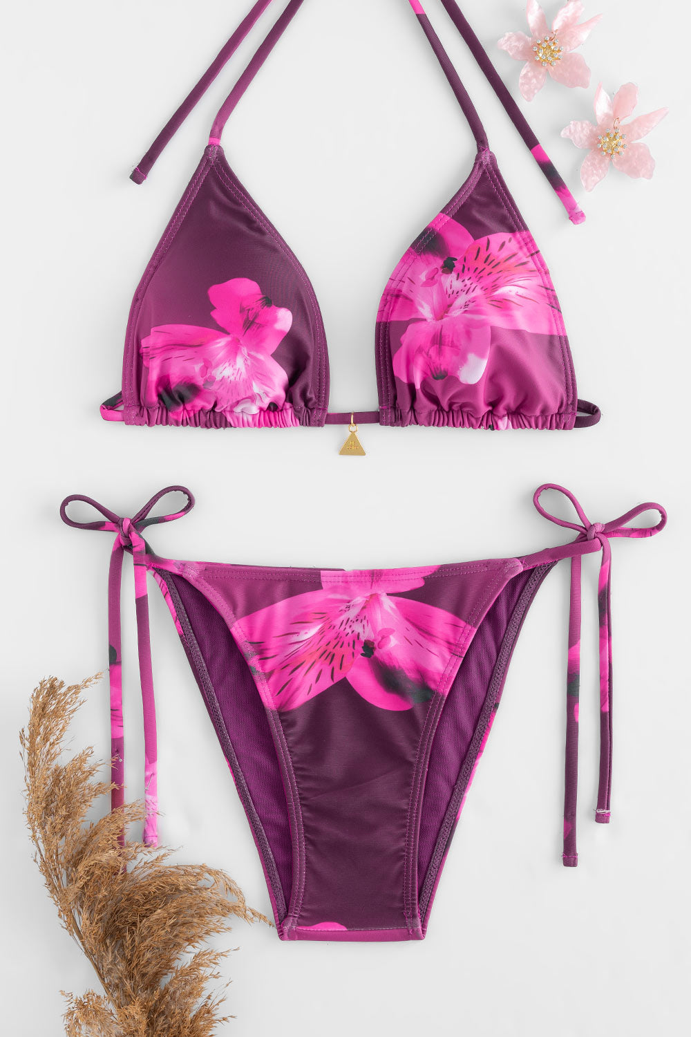RAFAELLA – Floraler Triangel-Bikini mit verspielten Bändern - Magenta